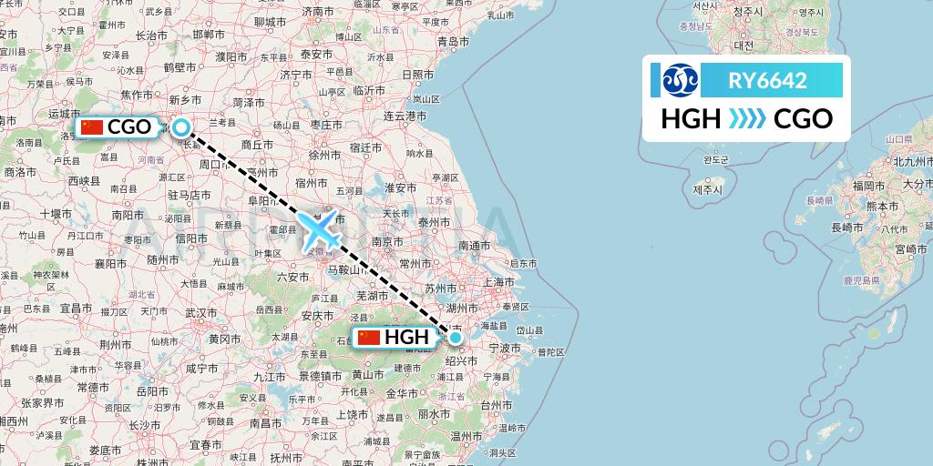 RY6642 Jiangxi Air Flight Map: Hangzhou to Zhengzhou