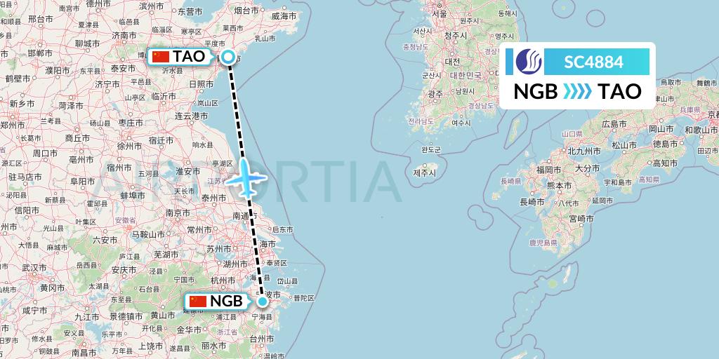 SC4884 Shandong Airlines Flight Map: Ningbo to Qingdao