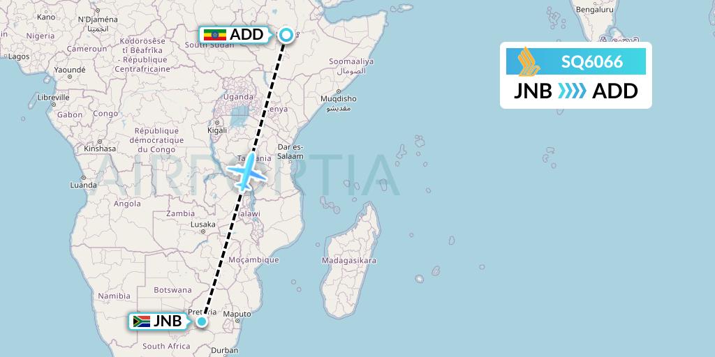SQ6066 Singapore Airlines Flight Map: Johannesburg to Addis Ababa