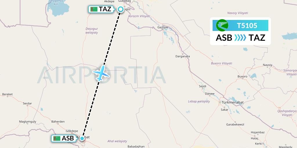 T5105 Turkmenistan Airlines Flight Map: Ashgabat to Dasoguz