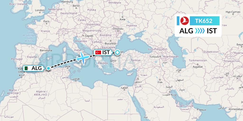 TK652 Turkish Airlines Flight Map: Algiers to Istanbul