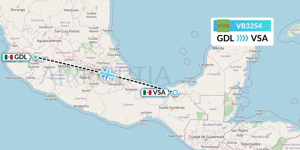 VB3254 VivaAerobus Flight Map: Guadalajara to Villahermosa