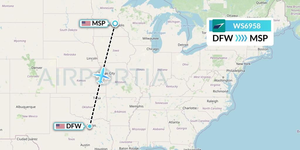 WS6958 WestJet Flight Map: Dallas to Minneapolis