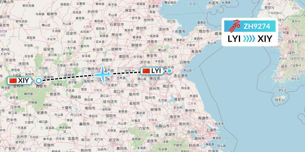 ZH9274 Shenzhen Airlines Flight Map: Linyi to Xi'an