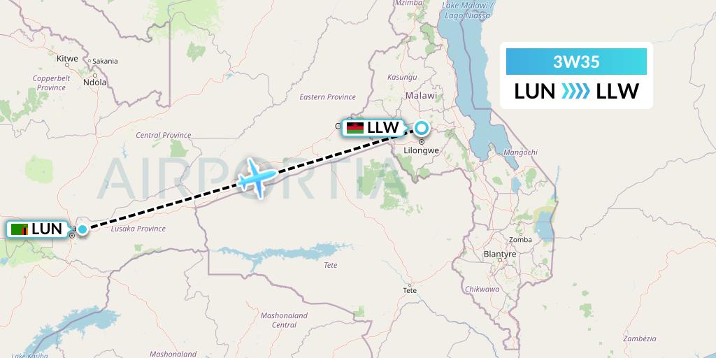 3W35 Malawian Airlines Flight Map: Lusaka to Lilongwe