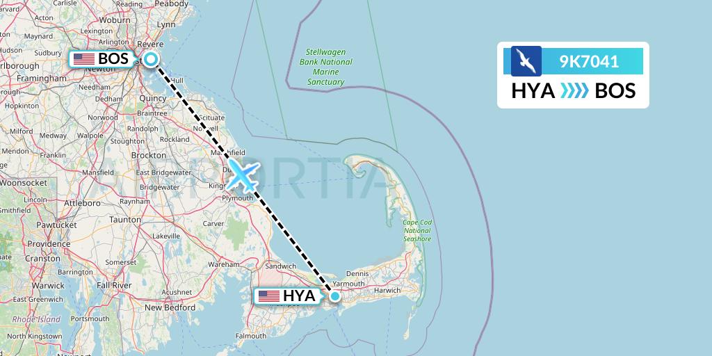 9K7041 Cape Air Flight Map: Hyannis to Boston