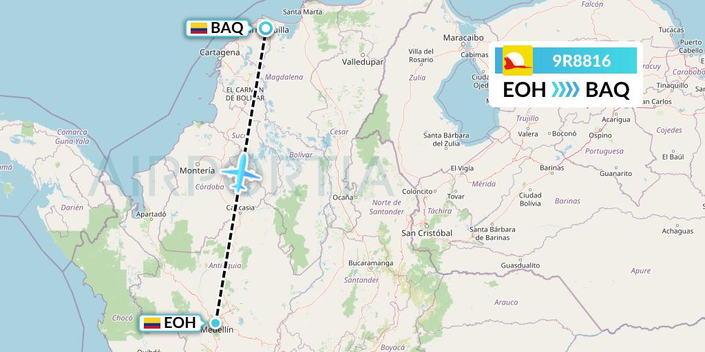 9R8816 Satena Flight Map: Medellin to Barranquilla