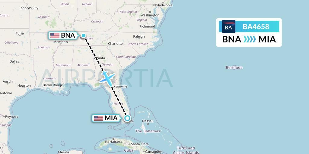 BA4658 British Airways Flight Map: Nashville to Miami