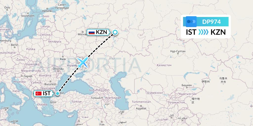 DP974 Pobeda Flight Map: Istanbul to Kazan