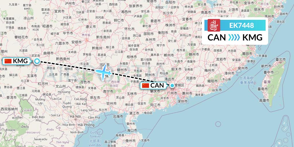 EK7448 Emirates Flight Map: Guangzhou to Kunming