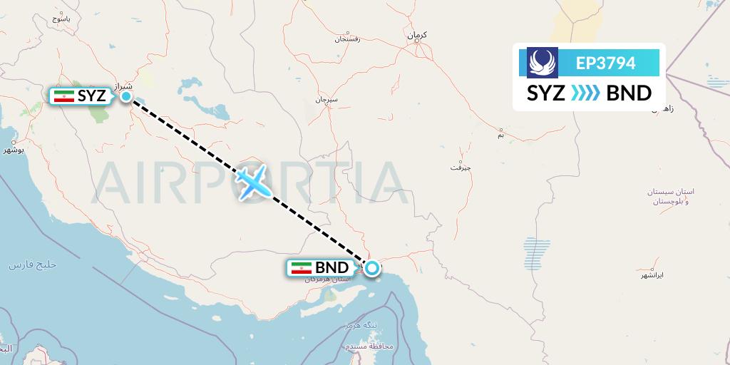 EP3794 Iran Aseman Airlines Flight Map: Shiraz to Bandar Abbas