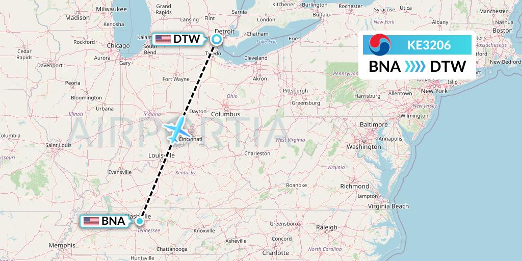 KE3206 Korean Air Flight Map: Nashville to Detroit