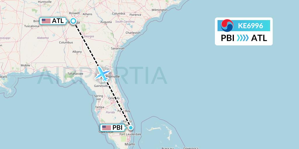 KE6996 Korean Air Flight Map: West Palm Beach to Atlanta