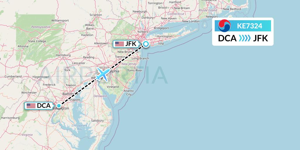 KE7324 Korean Air Flight Map: Washington to New York