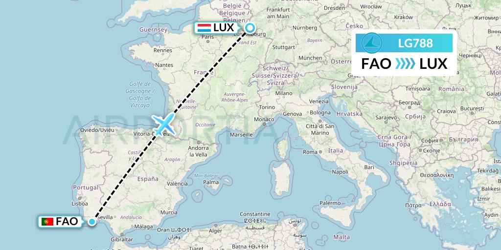 LG788 Luxair Flight Map: Faro to Luxembourg