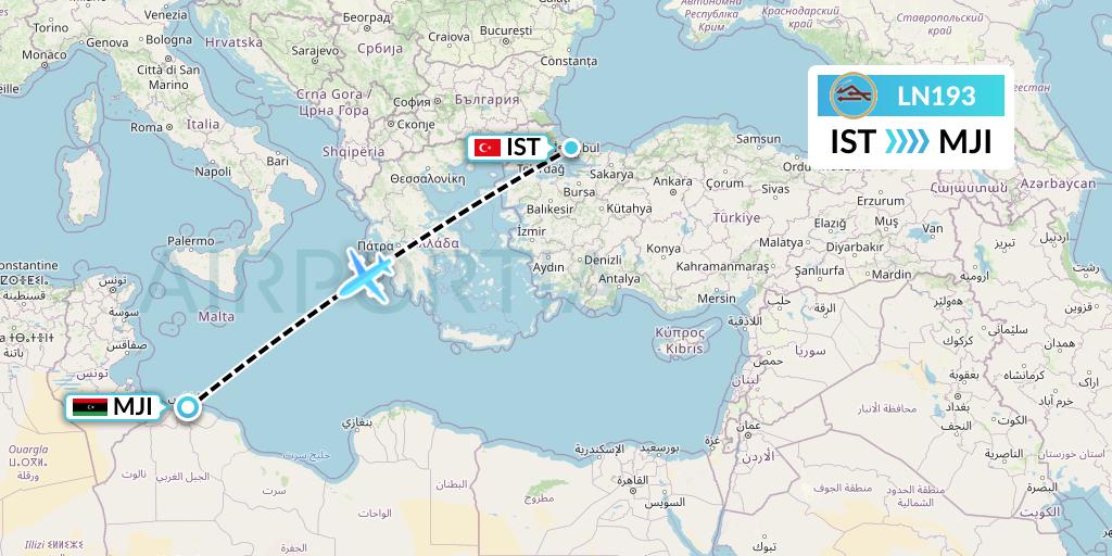 LN193 Libyan Airlines Flight Map: Istanbul to Tripoli