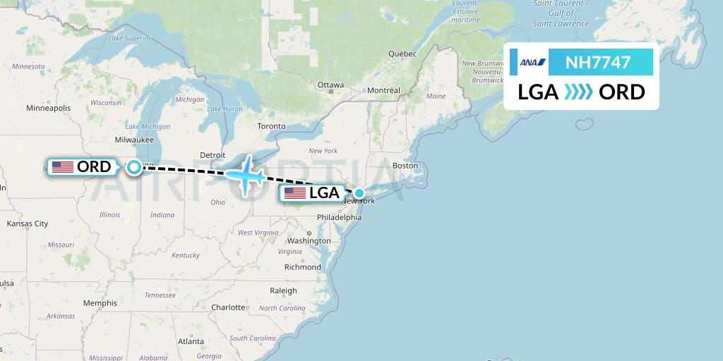 NH7747 All Nippon Airways Flight Map: New York to Chicago