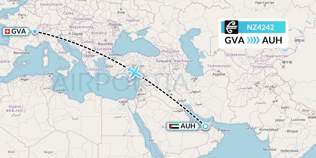 NZ4242 Air New Zealand Flight Map: Geneva to Abu Dhabi