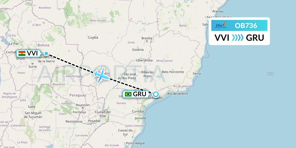 OB736 Boliviana de Aviacion Flight Map: Santa Cruz to Sao Paulo