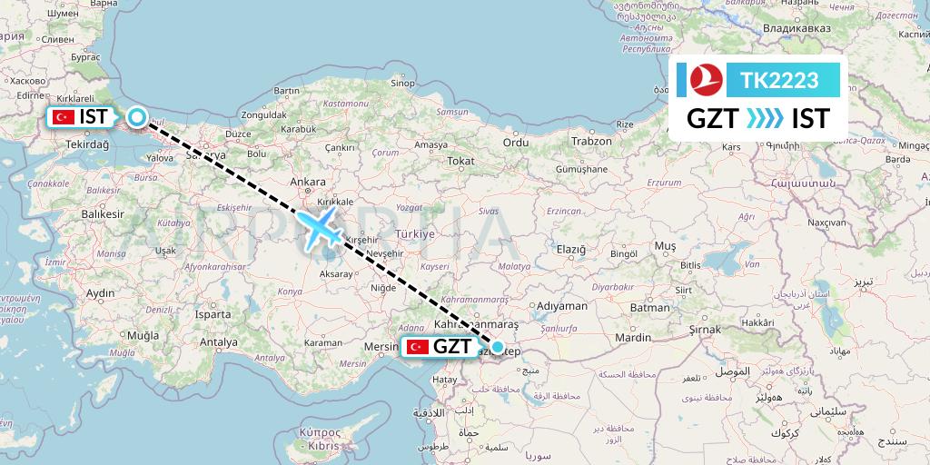 TK2223 Turkish Airlines Flight Map: Gaziantep to Istanbul