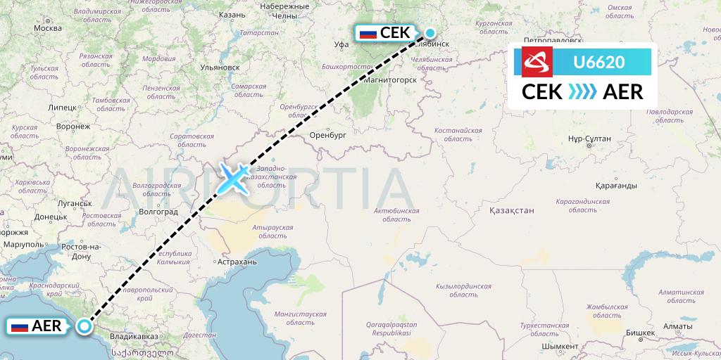 U6620 Ural Airlines Flight Map: Chelyabinsk to Sochi