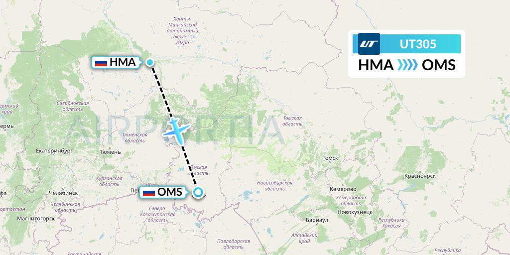 UT305 UTair Flight Map: Khanty-Mansiysk to Omsk