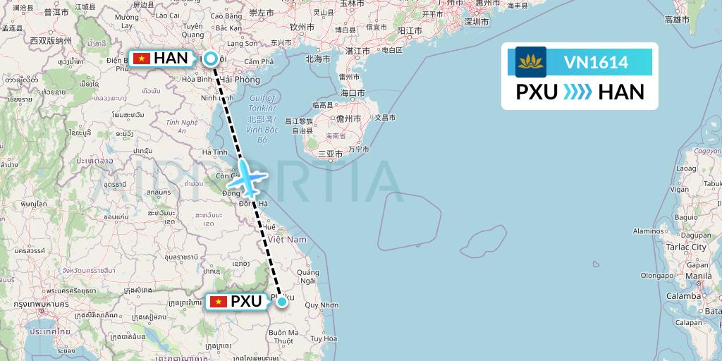 VN1614 Vietnam Airlines Flight Map: Pleiku to Hanoi