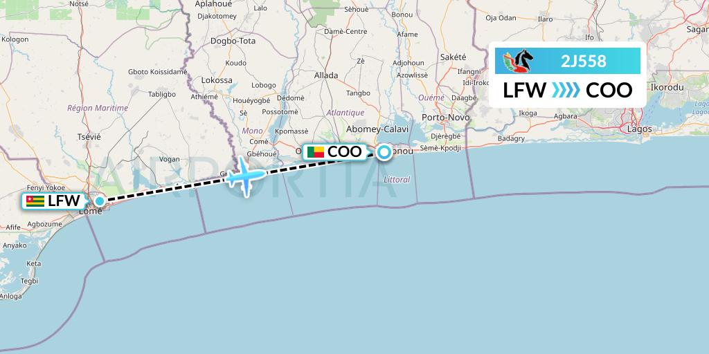 2J558 Air Burkina Flight Map: Lome to Cotonou