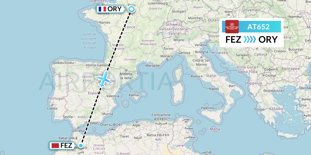 AT652 Royal Air Maroc Flight Map: Fes to Paris