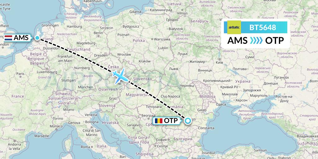 BT5648 Air Baltic Flight Map: Amsterdam to Bucharest