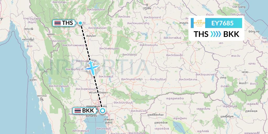 EY7685 Etihad Airways Flight Map: Sukhothai to Bangkok