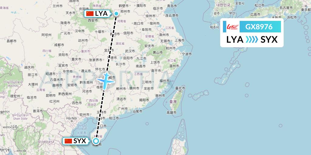 GX8976 GX Airlines Flight Map: Luoyang to Sanya