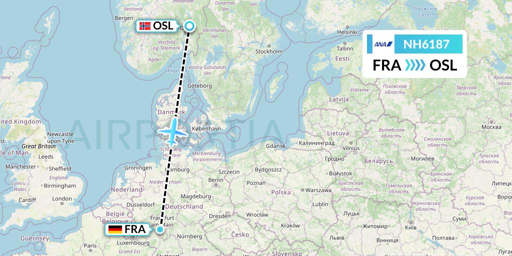 NH6187 All Nippon Airways Flight Map: Frankfurt to Oslo