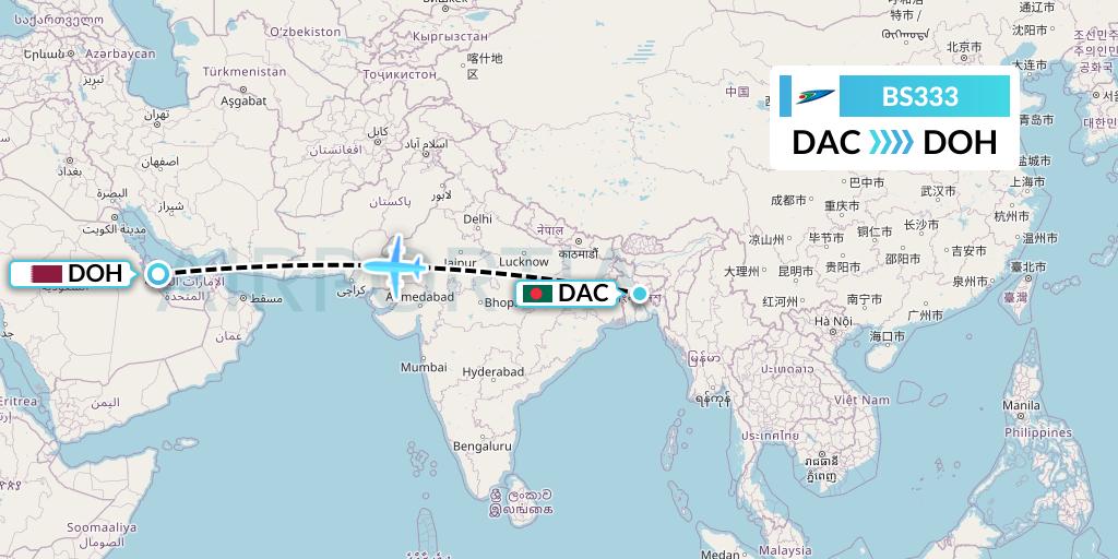 BS333 US-Bangla Airlines Flight Map: Dhaka to Doha