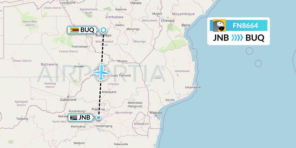 FN8664 Fastjet Flight Map: Johannesburg to Bulawayo