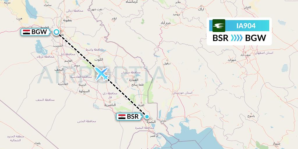 IA904 Iraqi Airways Flight Map: Basra to Baghdad