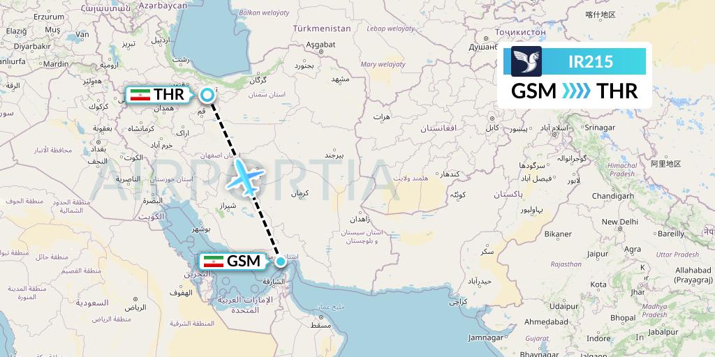 IR215 Iran Air Flight Map: Qeshm Island to Tehran