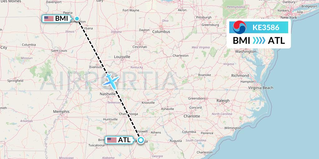 KE3586 Korean Air Flight Map: Bloomington to Atlanta