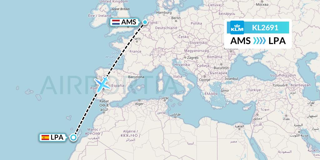 KL2691 KLM Flight Map: Amsterdam to Las Palmas