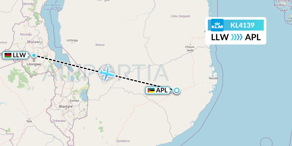 KL4139 KLM Flight Map: Lilongwe to Nampula
