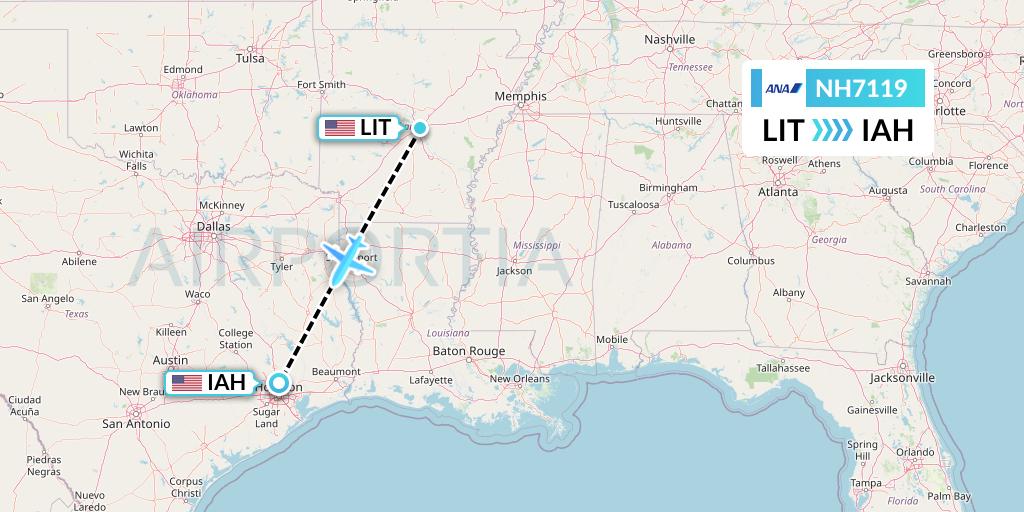NH7119 All Nippon Airways Flight Map: Little Rock to Houston