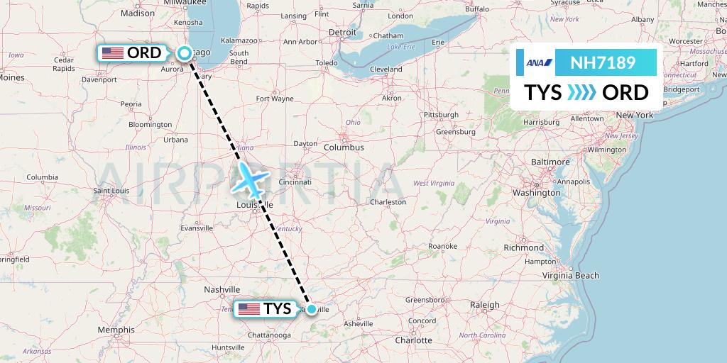 NH7189 All Nippon Airways Flight Map: Knoxville to Chicago