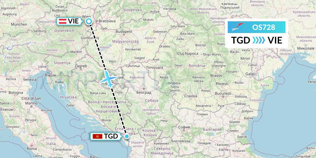 OS728 Austrian Airlines Flight Map: Podgorica to Vienna