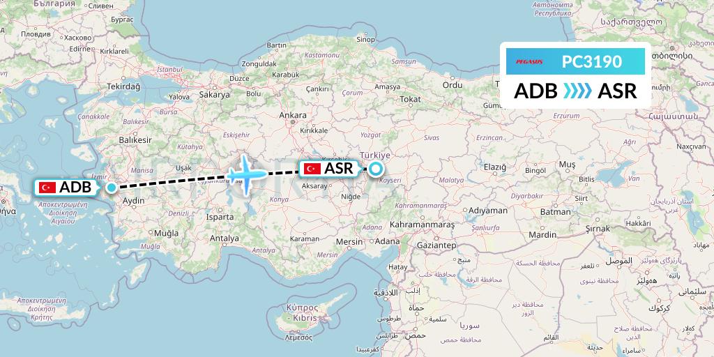 PC3190 Pegasus Airlines Flight Map: Izmir to Kayseri