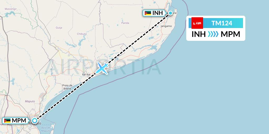 TM124 LAM Mozambique Airlines Flight Map: Inhambane to Maputo