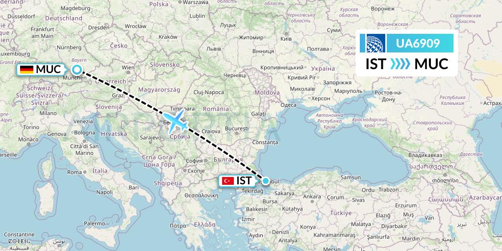 UA6909 United Airlines Flight Map: Istanbul to Munich