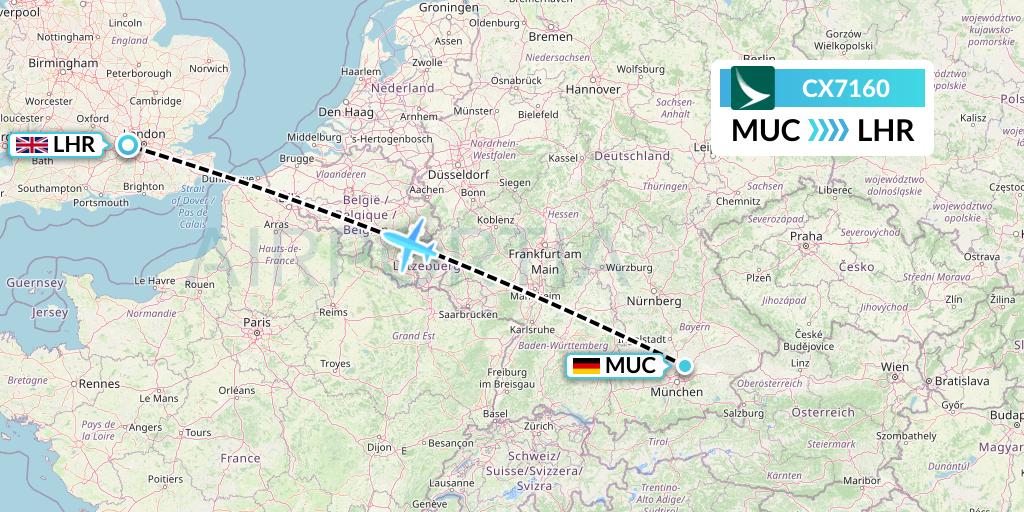 CX7160 Cathay Pacific Flight Map: Munich to London