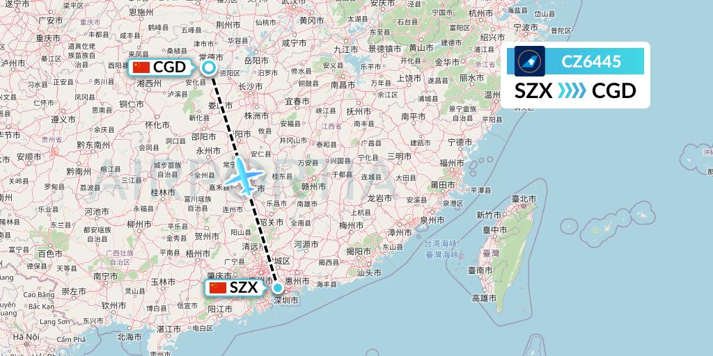 CZ6445 China Southern Airlines Flight Map: Shenzhen to Changde