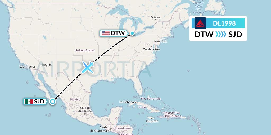 DL1998 Delta Air Lines Flight Map: Detroit to San Jose del Cabo