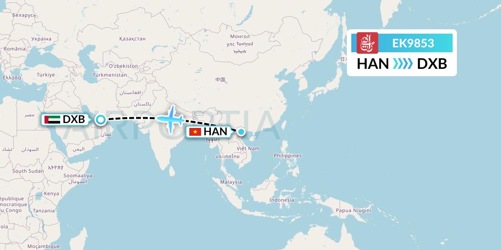 EK9853 Emirates Flight Map: Hanoi to Dubai
